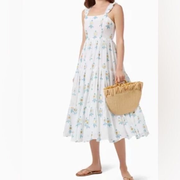 Oliphant Leela White Blue Ruffle Cross Back Sleeveless Midi Dress. NEW. Small. - Picture 2 of 16